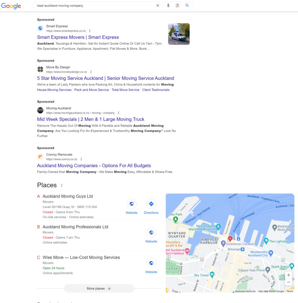 A picture of Google search results for the best Auckland Moving Company search
