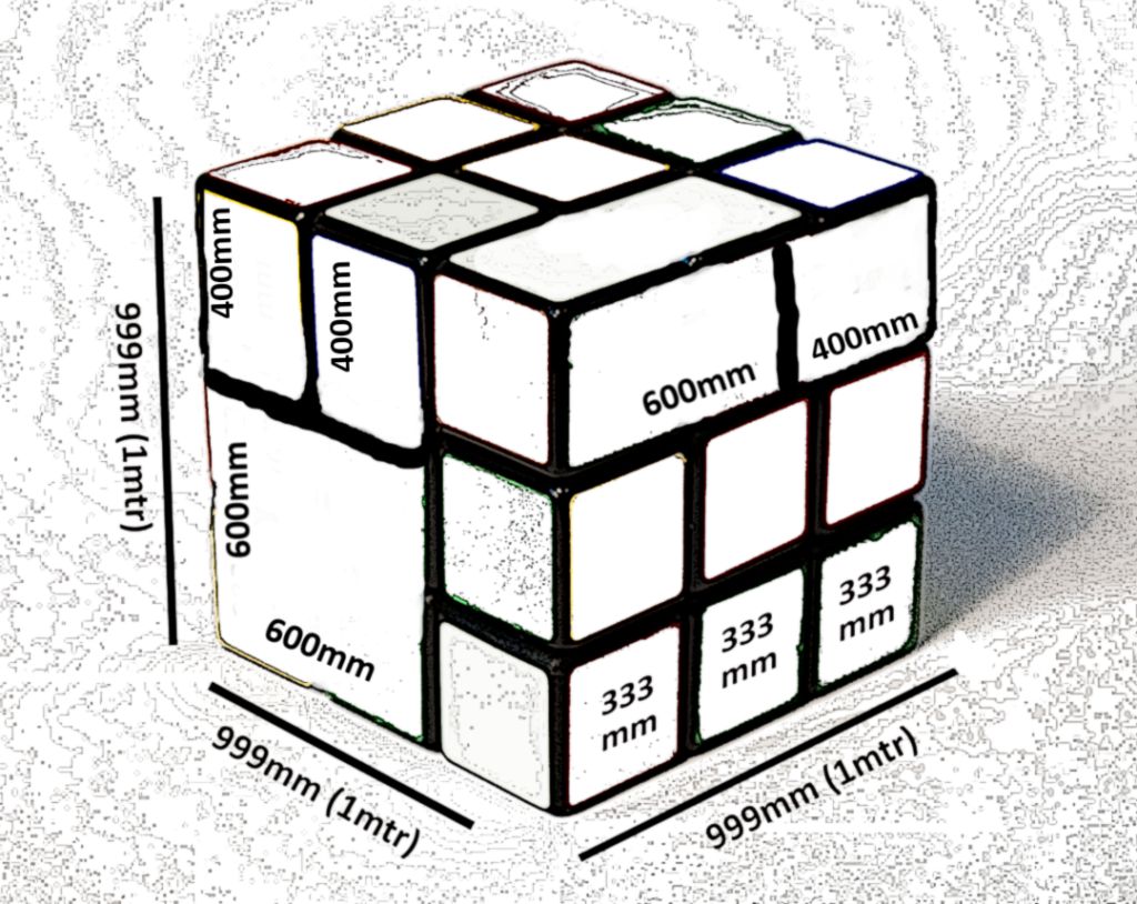 depiction of a Rubics cube made up of 23 moving boxes of different sizes that add up to one cubic meter