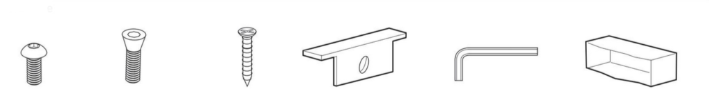 A diagram showing an example of some of the hardware [parts that can come in a flat packed furniture assembly kit 