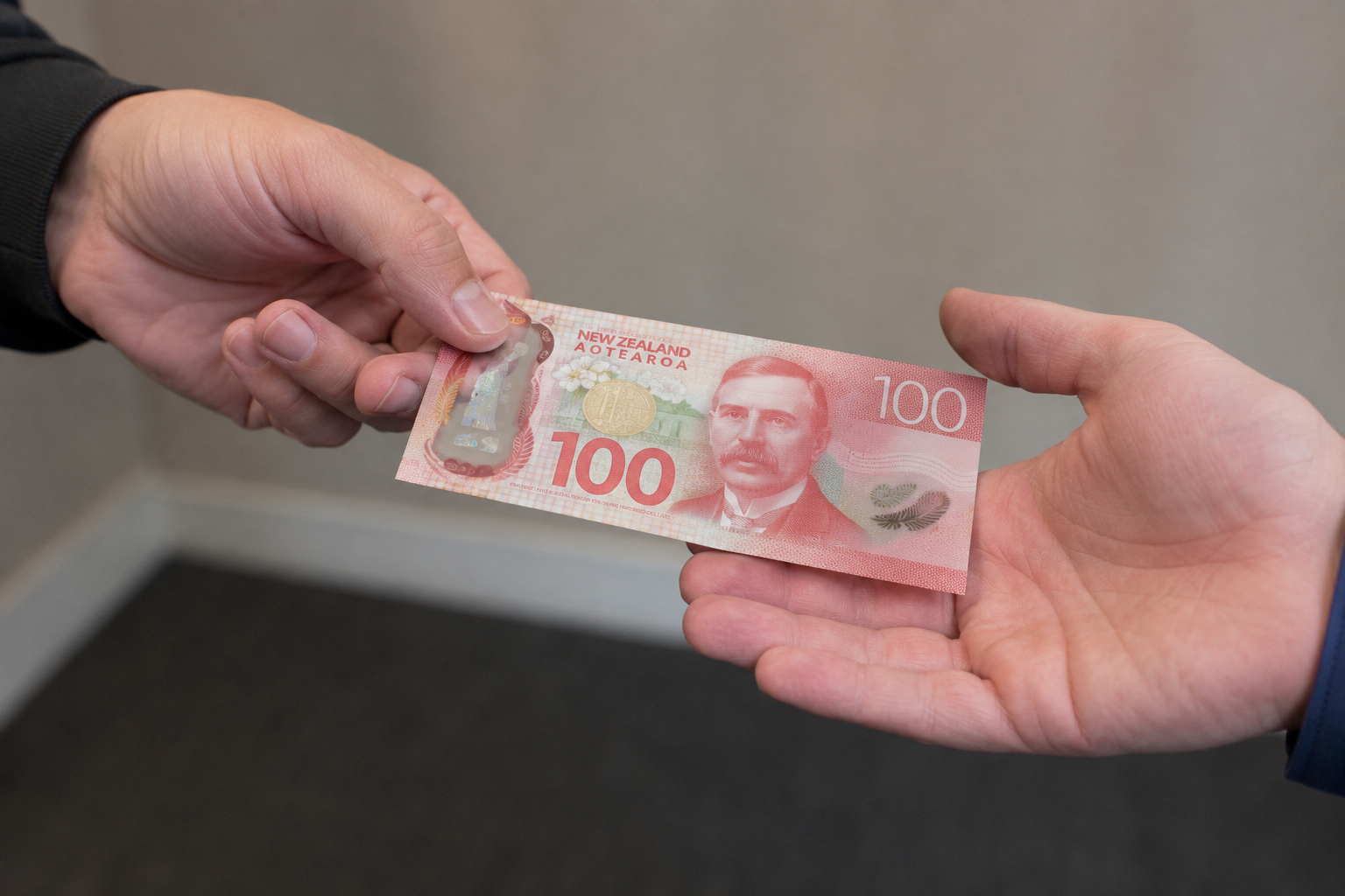 Hands exchanging a pink NZ$100 banknote between two people.